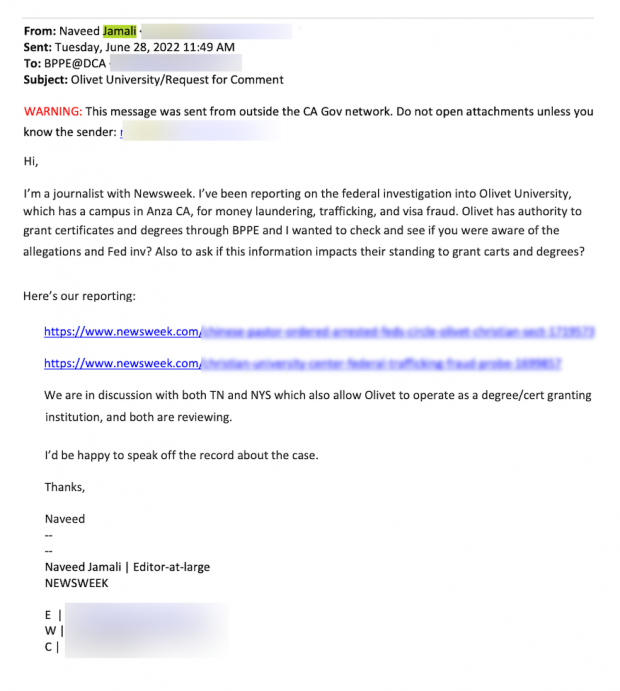 Email from Naveed Jamali reaching out to BPPE